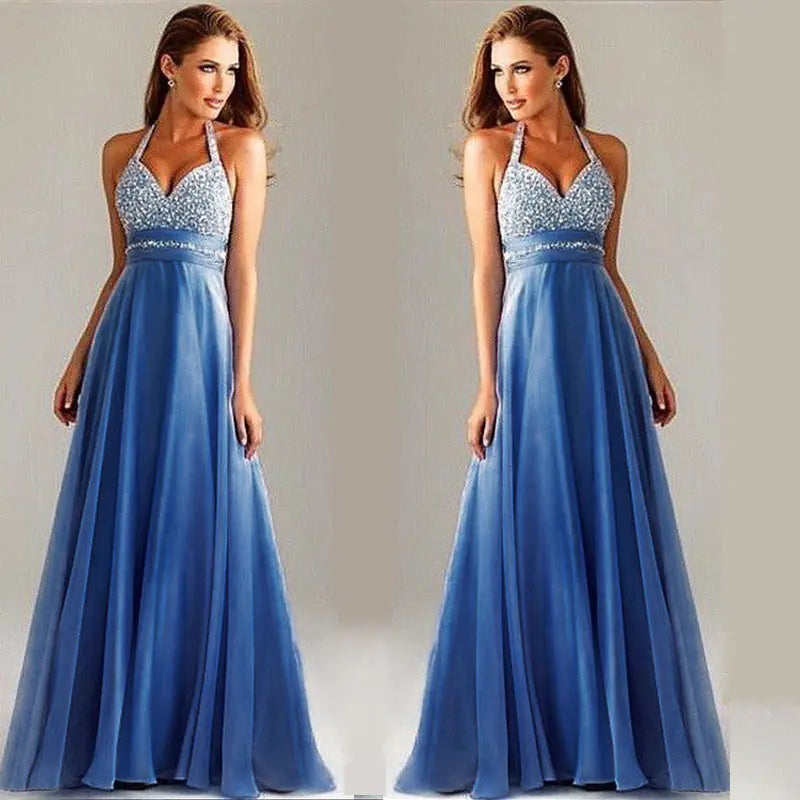 Sequin Evening Gown with Deep V Neck and Open Back