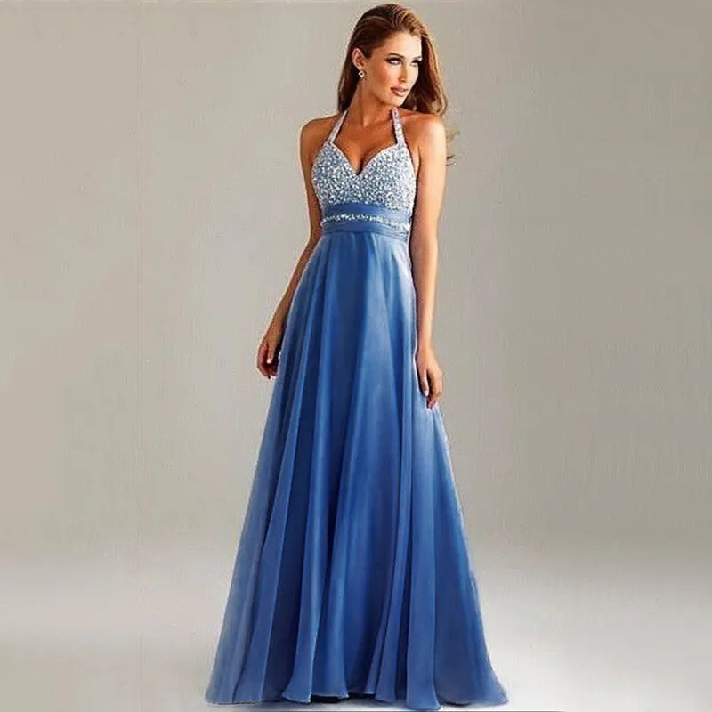 Sequin Evening Gown with Deep V Neck and Open Back