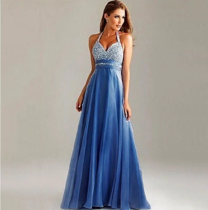 Sequin Evening Gown with Deep V Neck and Open Back