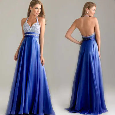 Sequin Evening Gown with Deep V Neck and Open Back